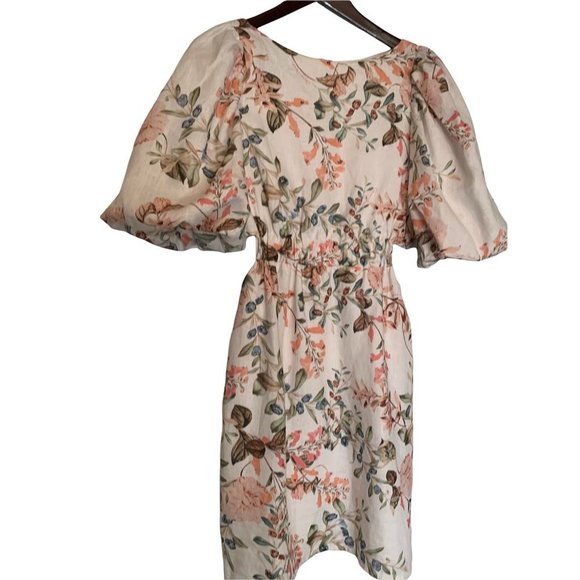 CARA CARA Pink/White Floral Poof Sleeve 100% Linen Side Cutout Mini Dress-Sz 4 - Picture 6 of 14